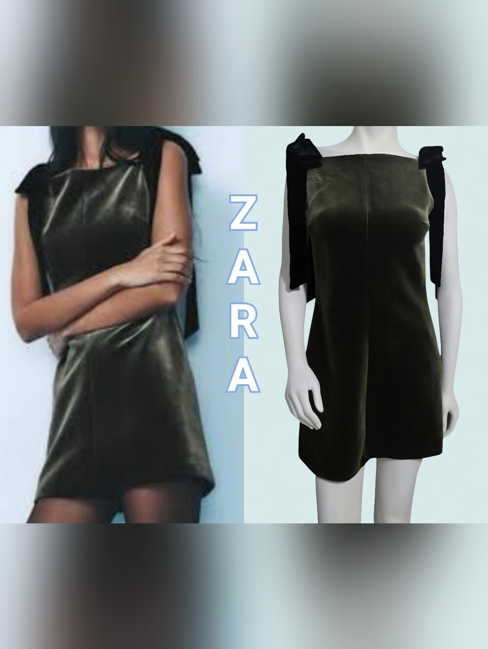 Zara Dark Olive Velvet Mini Dress with Shoulder Bows